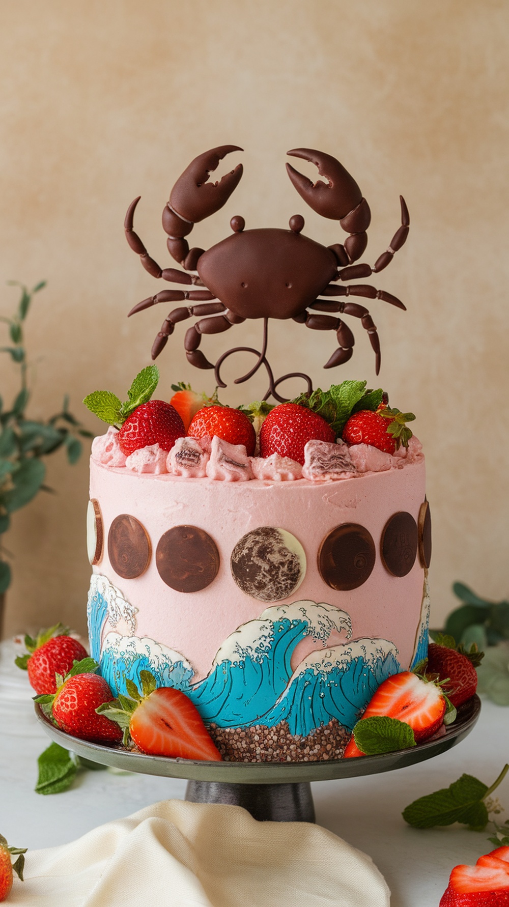 A beautifully decorated Cancer Moon Phase Cake with a crab on top, surrounded by strawberries and waves.