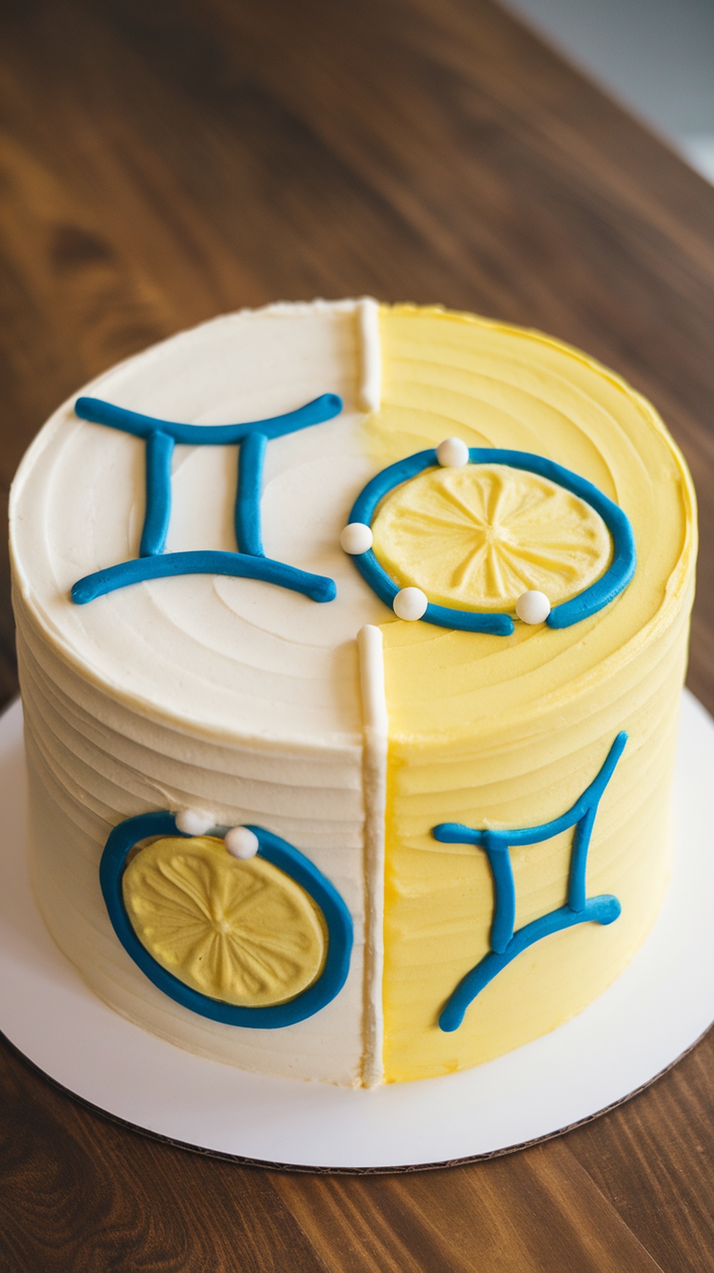 A dual-layered vanilla and lemon cake decorated with Gemini symbols and bright colors.
