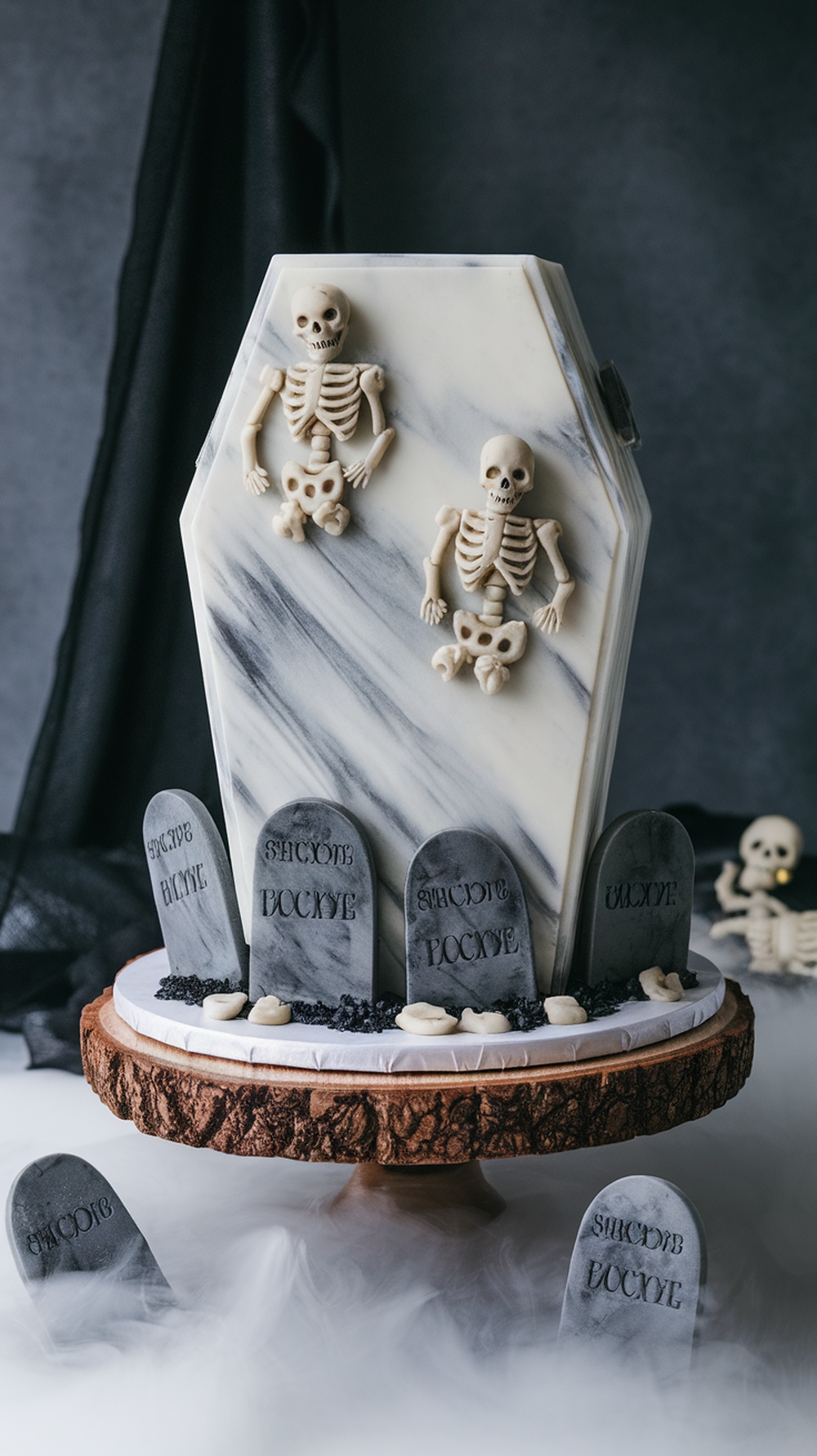 A marble coffin cake decorated with fondant skeletons and tombstones, set on a wooden stand.