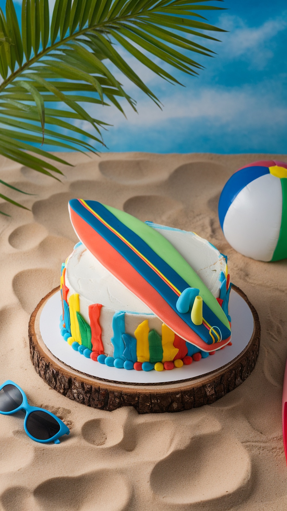 A colorful surfboard cake with edible surf wax, surrounded by beach-themed decorations.