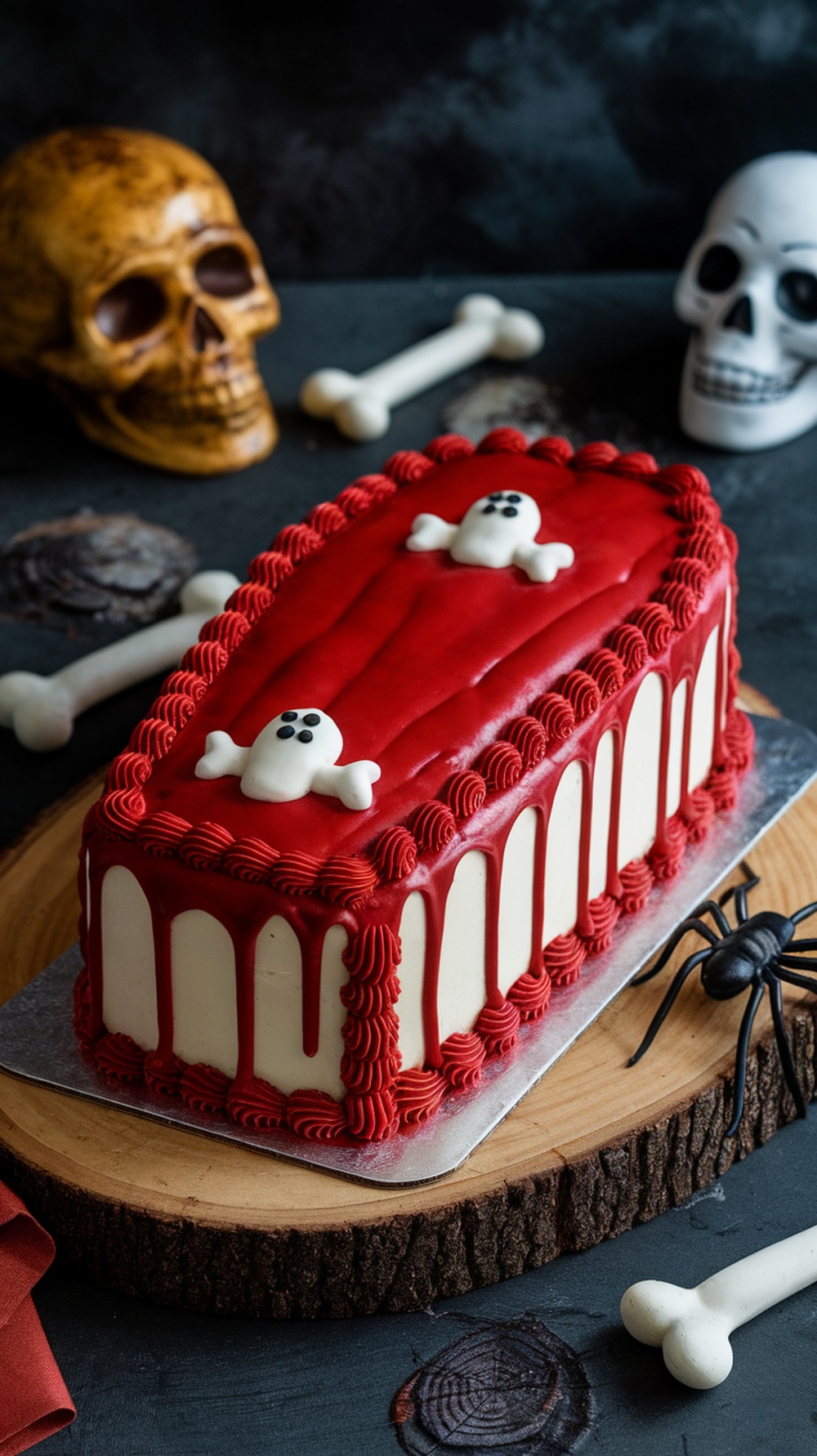 A Red Velvet Coffin Cake with blood drip icing, decorated with ghost figures and surrounded by Halloween-themed props.