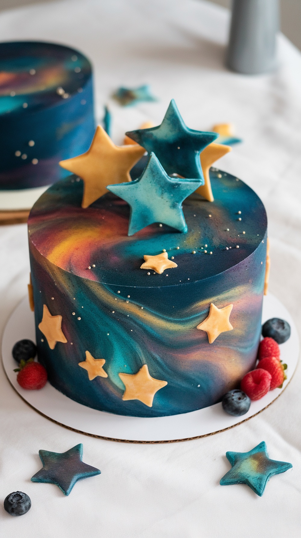 A whimsical galaxy cake decorated with colorful swirls and star shapes, representing the Aquarius zodiac sign.