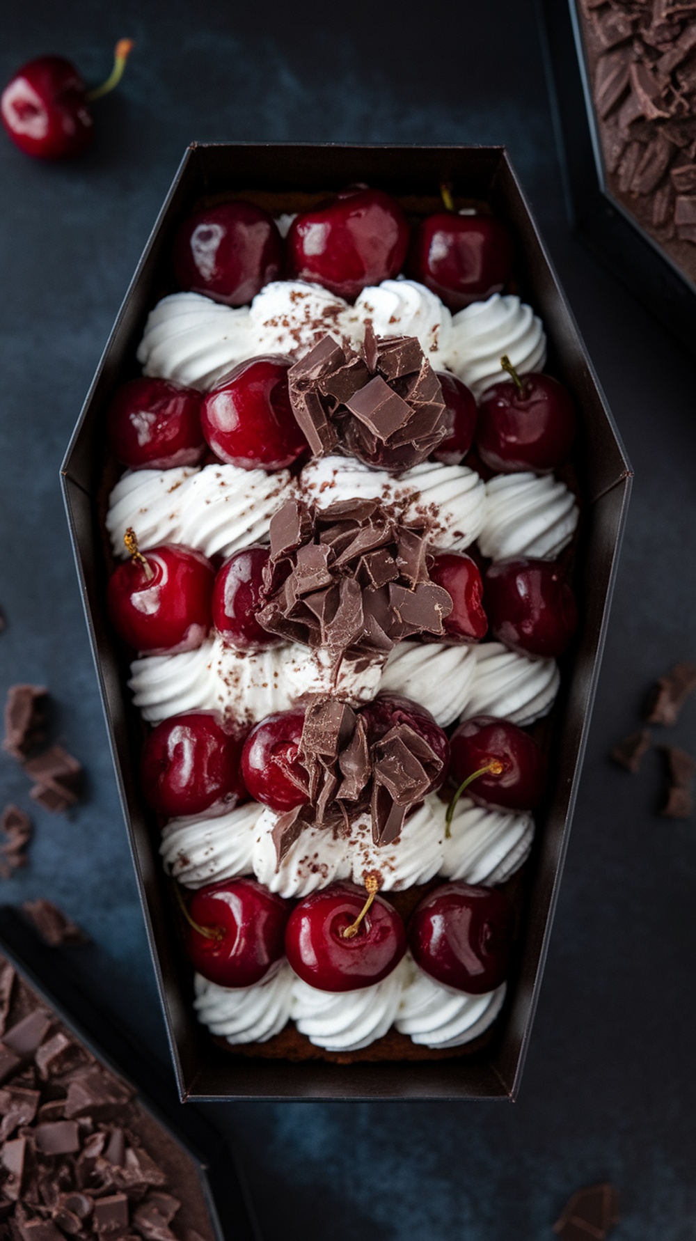 A Black Forest Coffin Cake topped with cherries and chocolate shavings, perfect for Halloween.