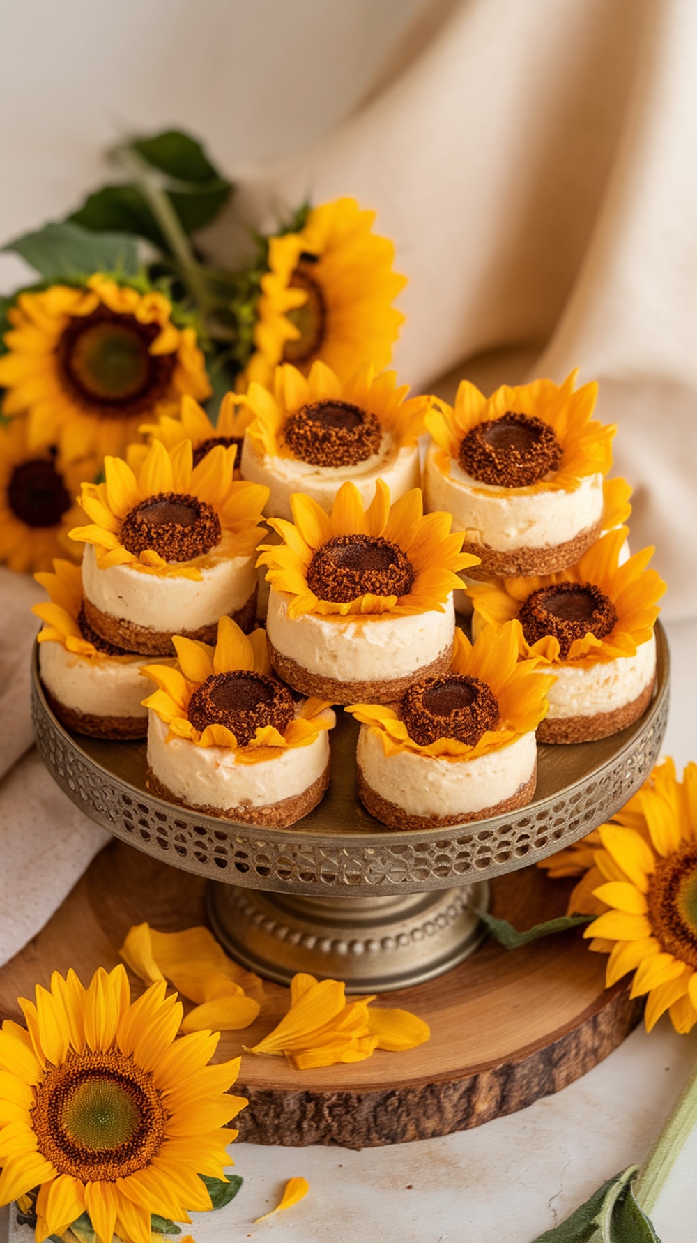 Mini sunflower cheesecakes decorated with sunflower petals and chocolate centers on a decorative stand.