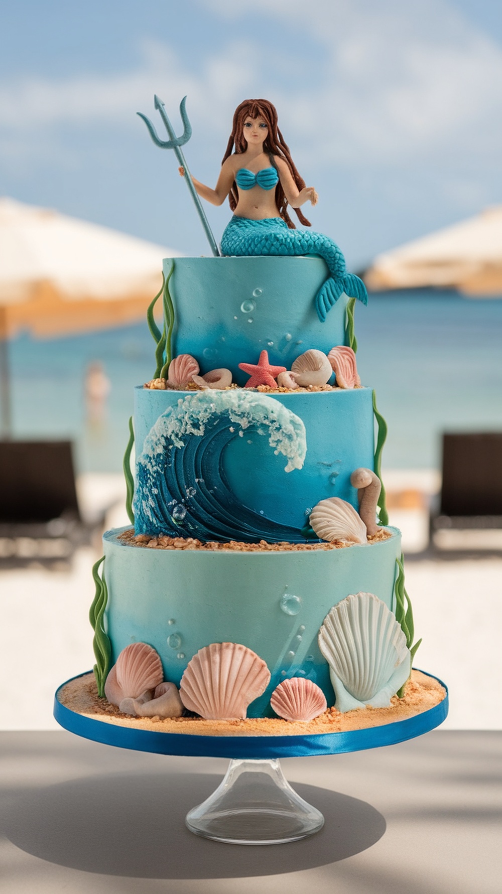A three-tiered ocean-inspired cake with a mermaid figure on top, decorated with waves, seashells, and starfish.
