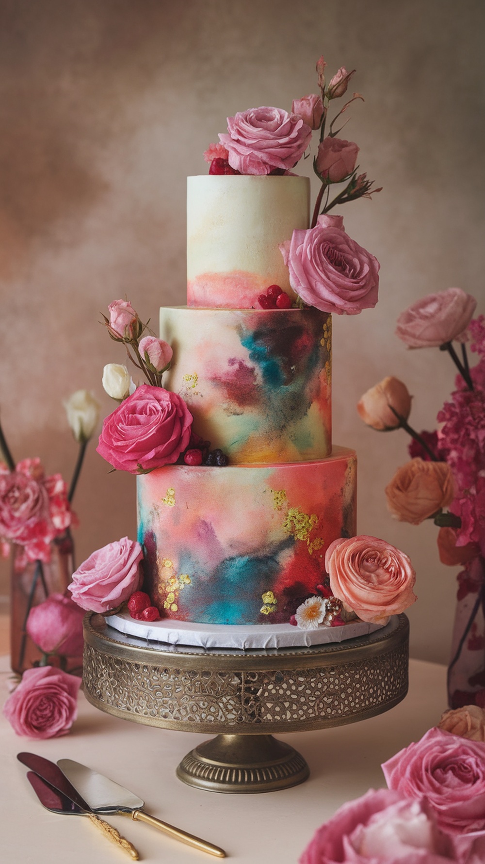 A three-tiered engagement cake with whimsical watercolor designs and fresh flowers.