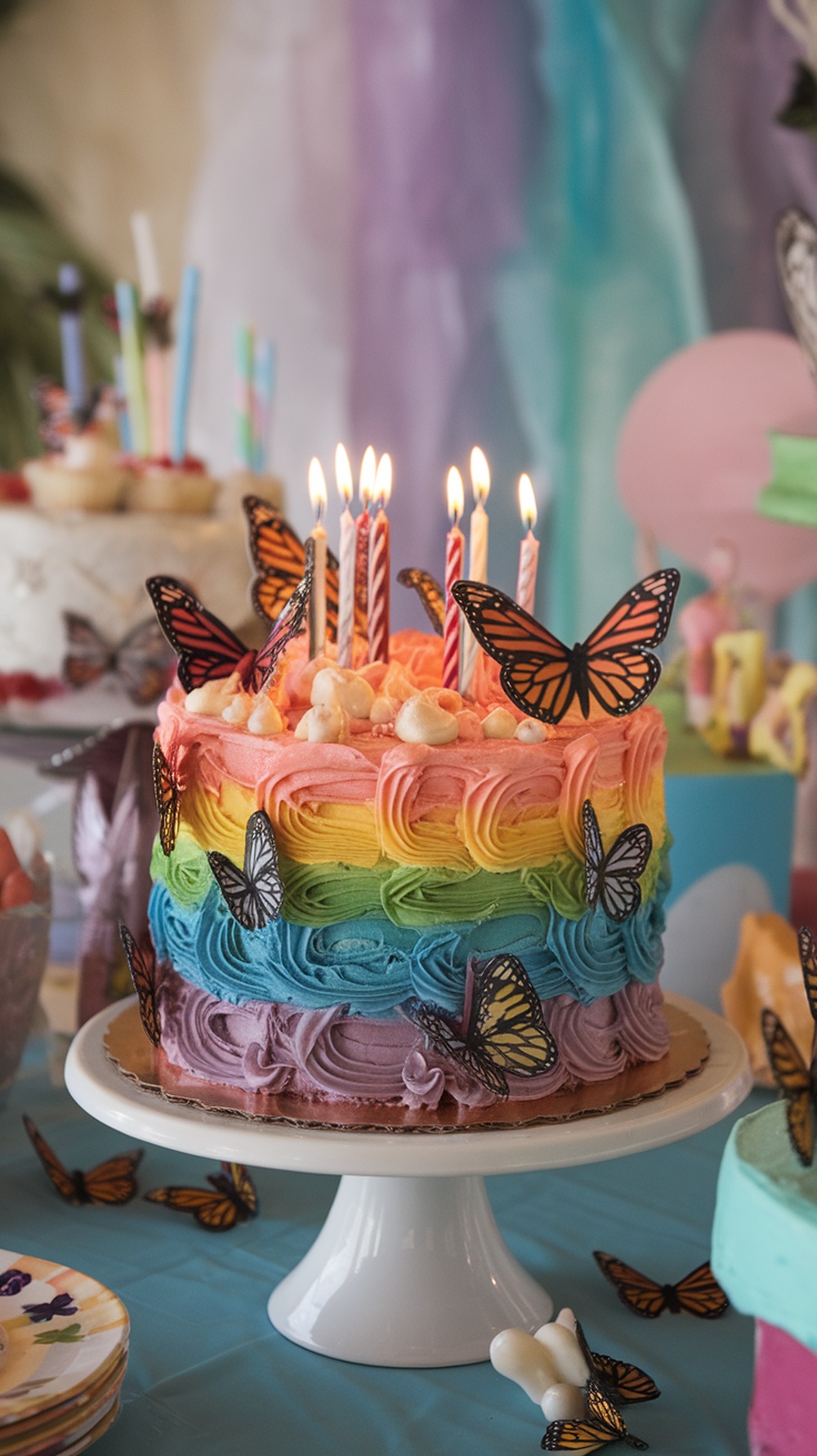 A colorful rainbow swirl cake decorated with butterflies and candles, perfect for a birthday celebration.