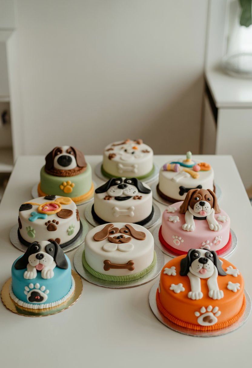 Nine different dog-themed birthday cakes displayed on a white surface, each decorated with dog faces, paw prints, and dog-related designs.