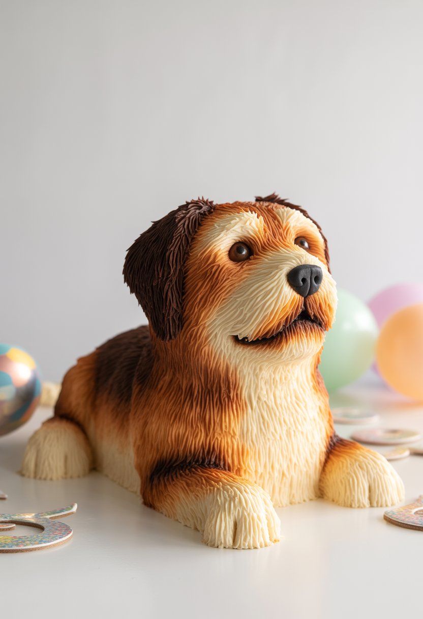 A realistic 3D dog-shaped cake with detailed edible fur texture on a white surface with birthday decorations in the background.