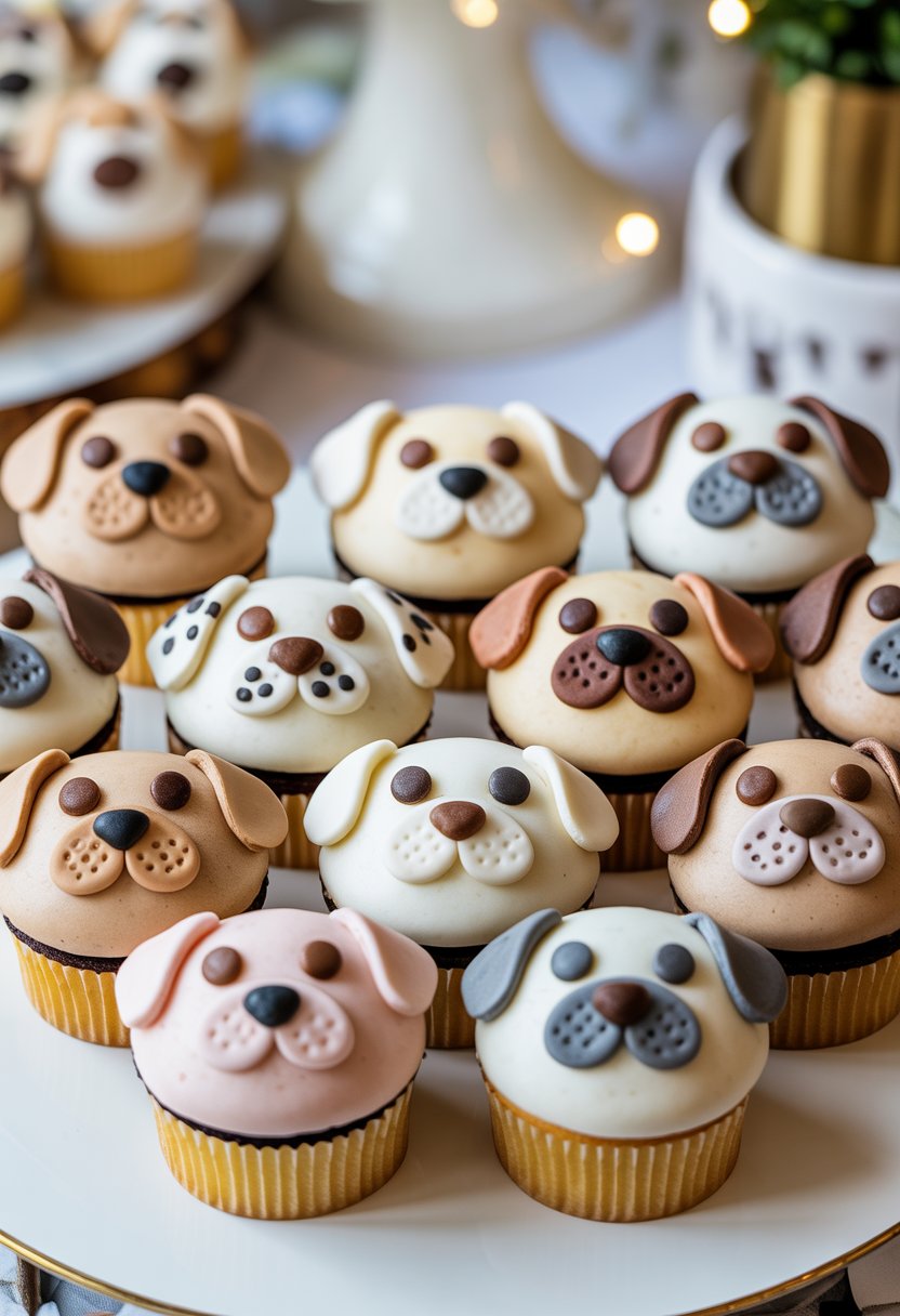 A platter of cupcakes decorated to look like puppy faces with frosted eyes and ears.