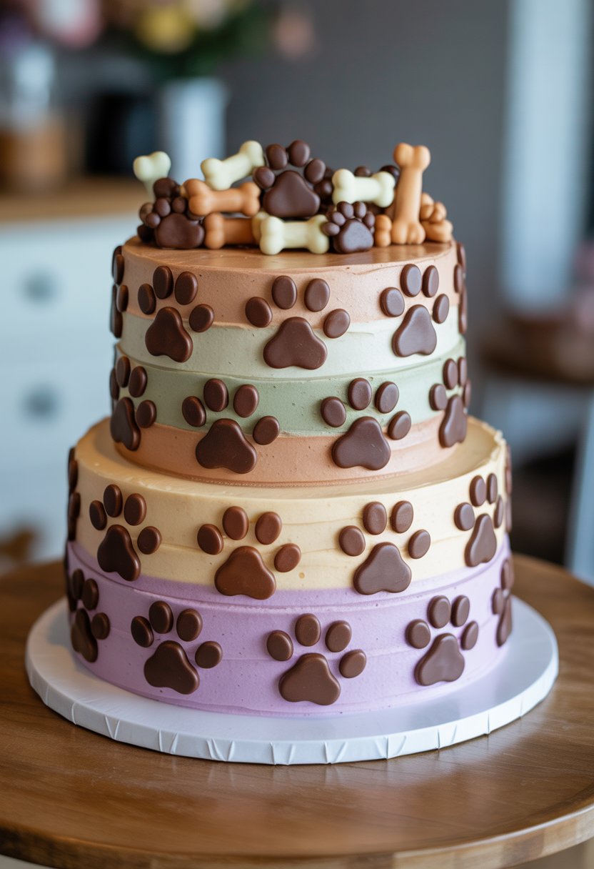 A multi-tiered cake decorated with paw print patterns and dog-themed edible decorations on a white cake stand.