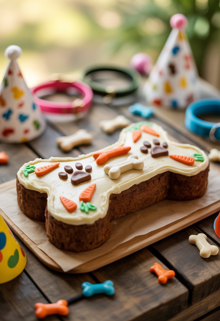 A bone-shaped carrot cake decorated with cream cheese frosting and dog-themed edible decorations on a wooden table, surrounded by dog party items.