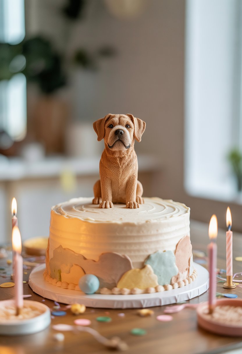 A birthday cake with a realistic dog breed figurine cake topper on a decorated table with candles and balloons.