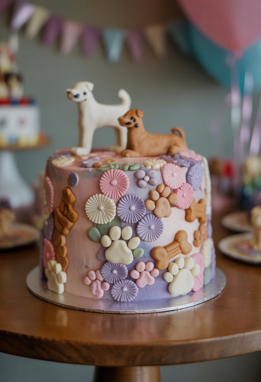 A decorated dog birthday cake with floral icing and dog-themed decorations on a wooden table.