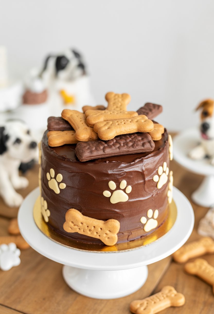 Chocolate birthday cake topped with dog biscuits on a white cake stand with dog-themed decorations around it.