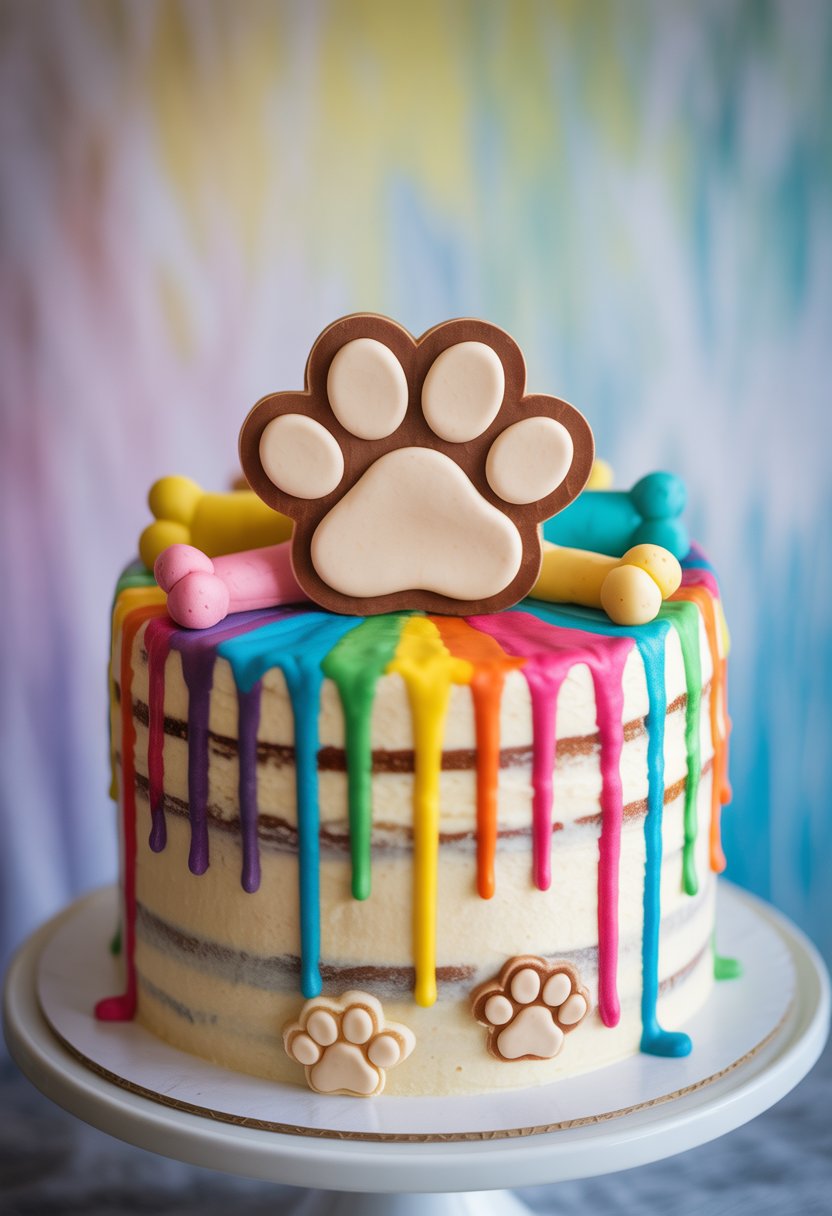 A colorful birthday cake with rainbow drip icing and a large paw print decoration on top, surrounded by small dog bone and paw print shapes.