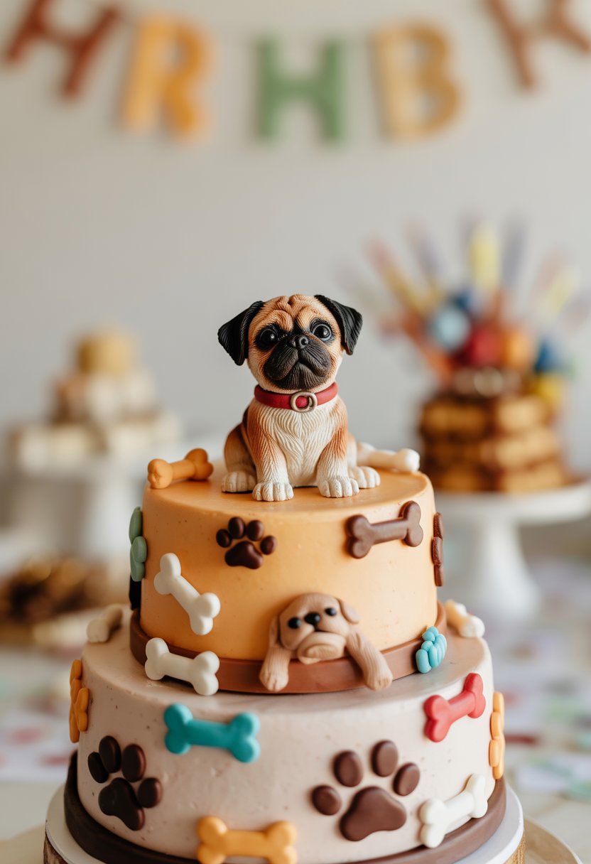 A multi-tiered birthday cake topped with a small toy dog figurine and decorated with dog-themed edible decorations on a table.