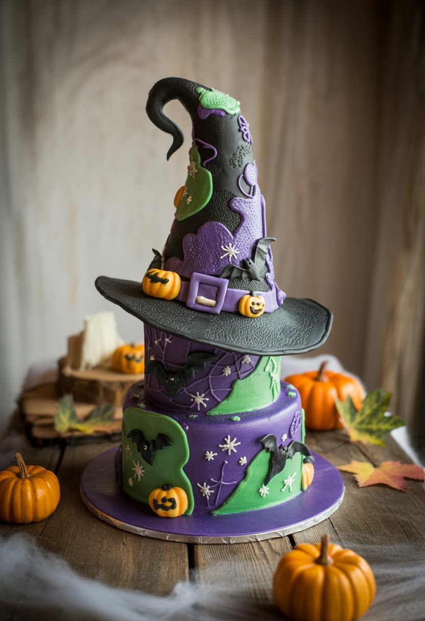 A tall, multi-tiered cake shaped like a witch's hat decorated with Halloween-themed details on a wooden table.