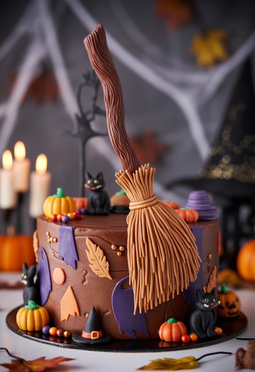 A detailed cake shaped like a flying broomstick decorated with Halloween-themed edible decorations on a dark background with candles and autumn leaves.