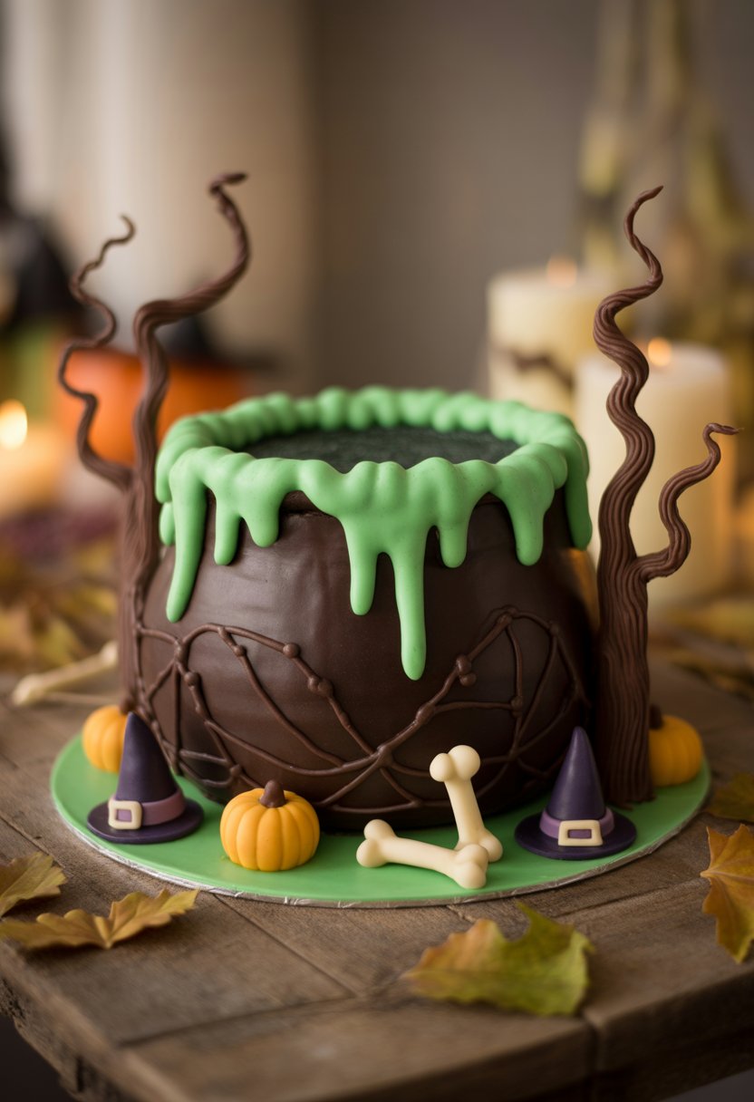 A detailed Halloween cake shaped like a bubbling witch's cauldron with green icing spilling over, decorated with miniature witch hats, candy bones, and tiny pumpkins on a wooden table with autumn leaves.