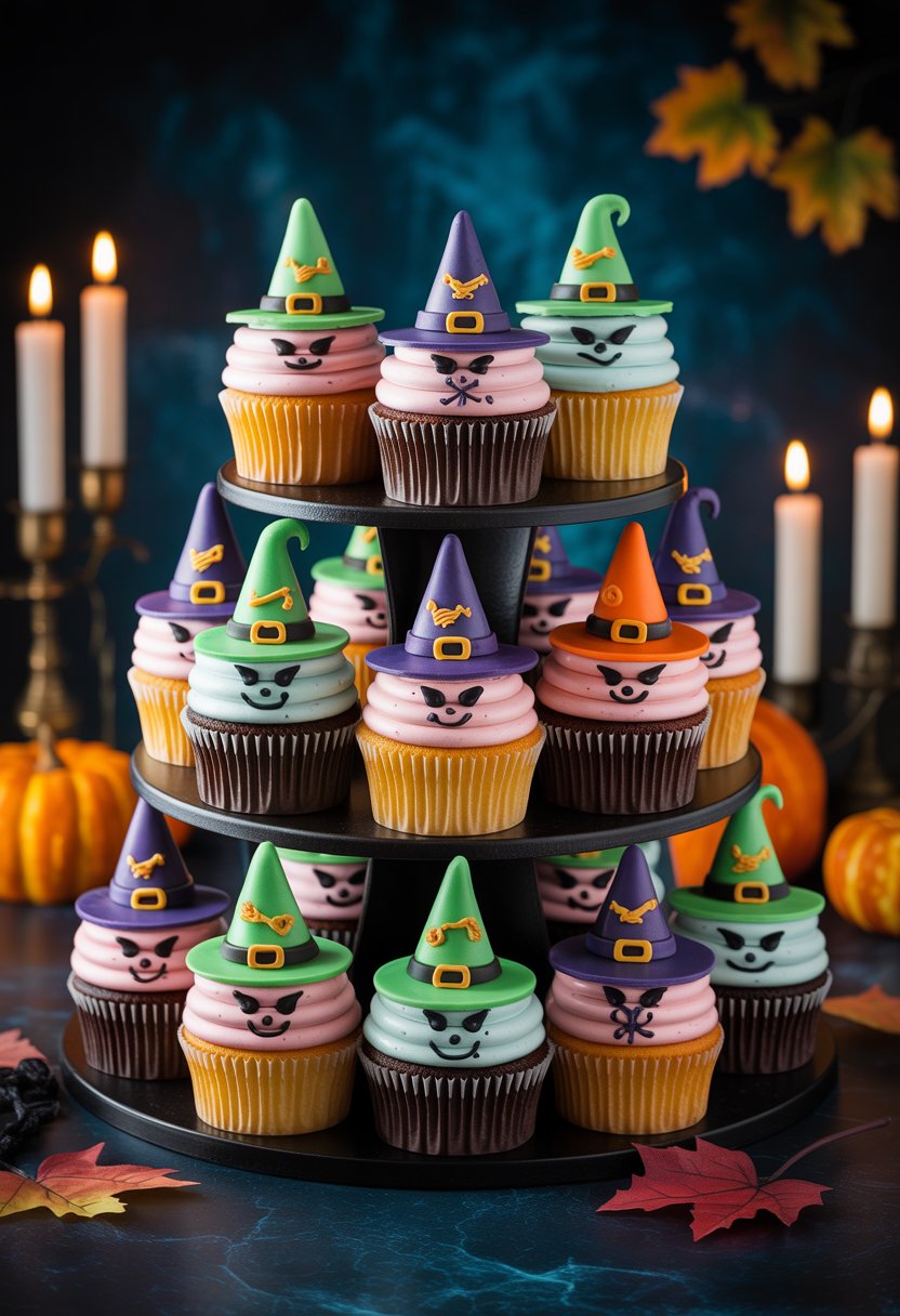 A tower of eleven cupcakes decorated with witch-themed designs like hats, broomsticks, and black cats, arranged on a tiered stand with Halloween decorations around.