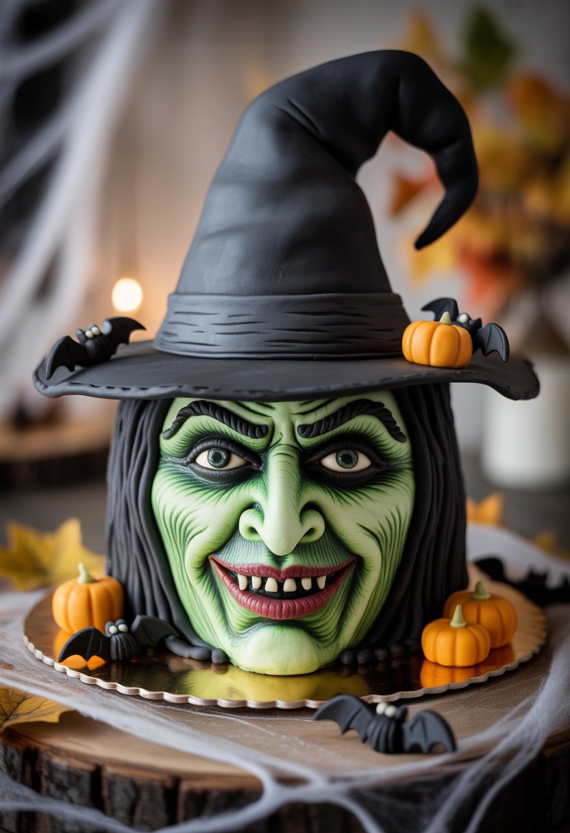 A detailed Halloween cake shaped like a scary witch's face with glowing eyes and a pointed hat, surrounded by small Halloween decorations on a wooden table.