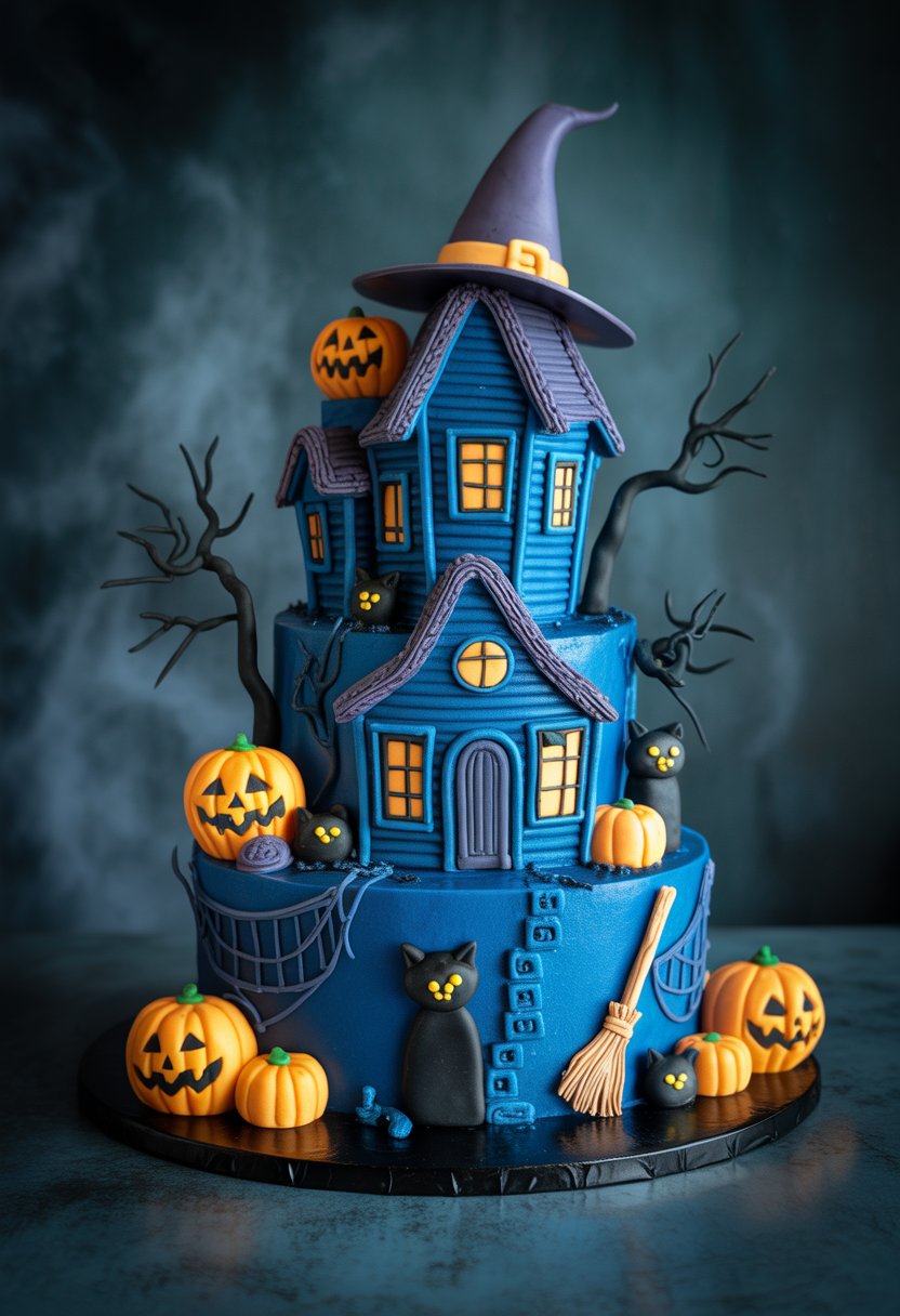 A blue haunted house cake decorated with witch-themed Halloween elements like a witch's hat, black cats, broomsticks, and pumpkins.