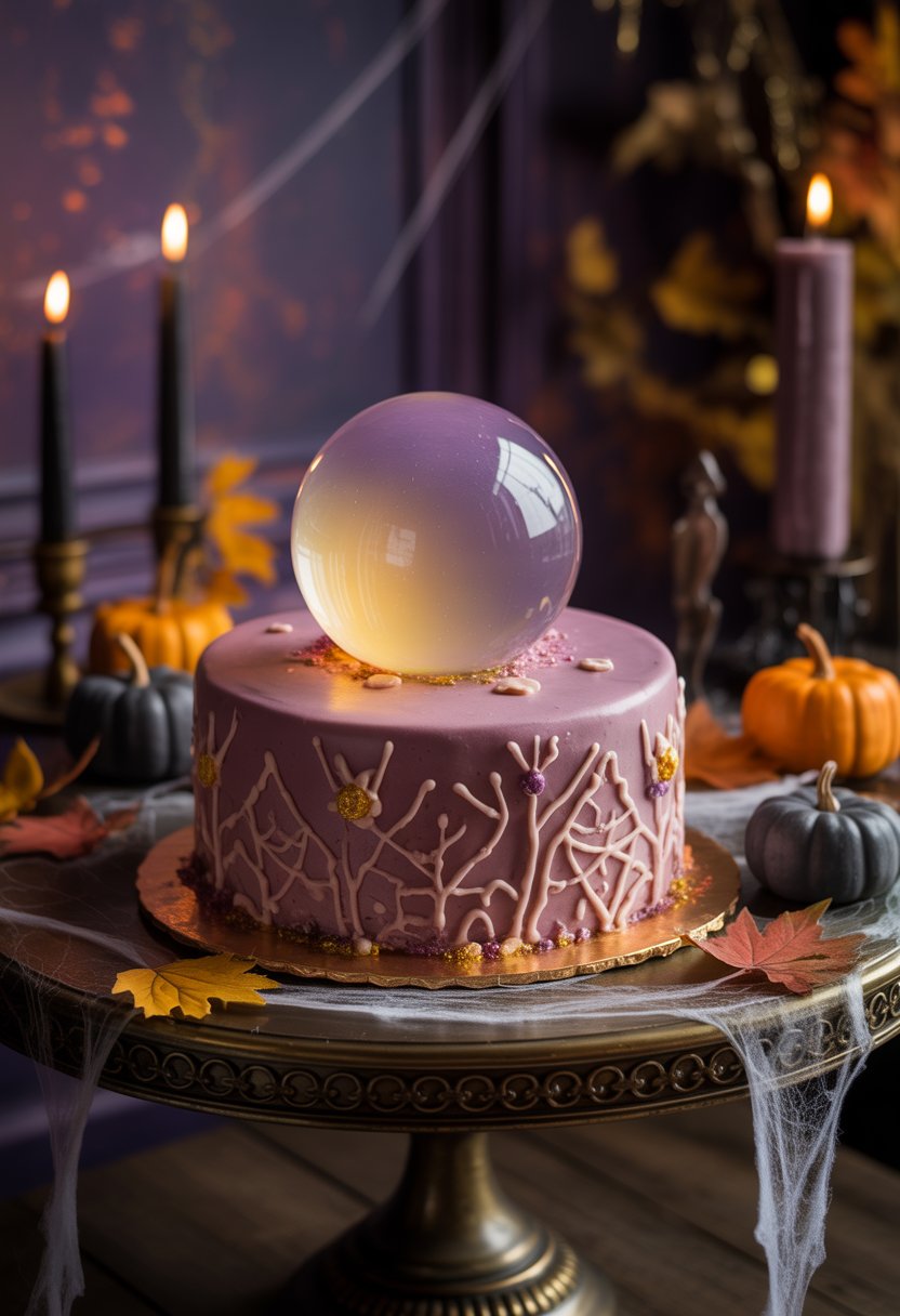 A round Halloween cake designed like a glowing crystal ball on a dark wooden table surrounded by pumpkins, candles, and autumn decorations.