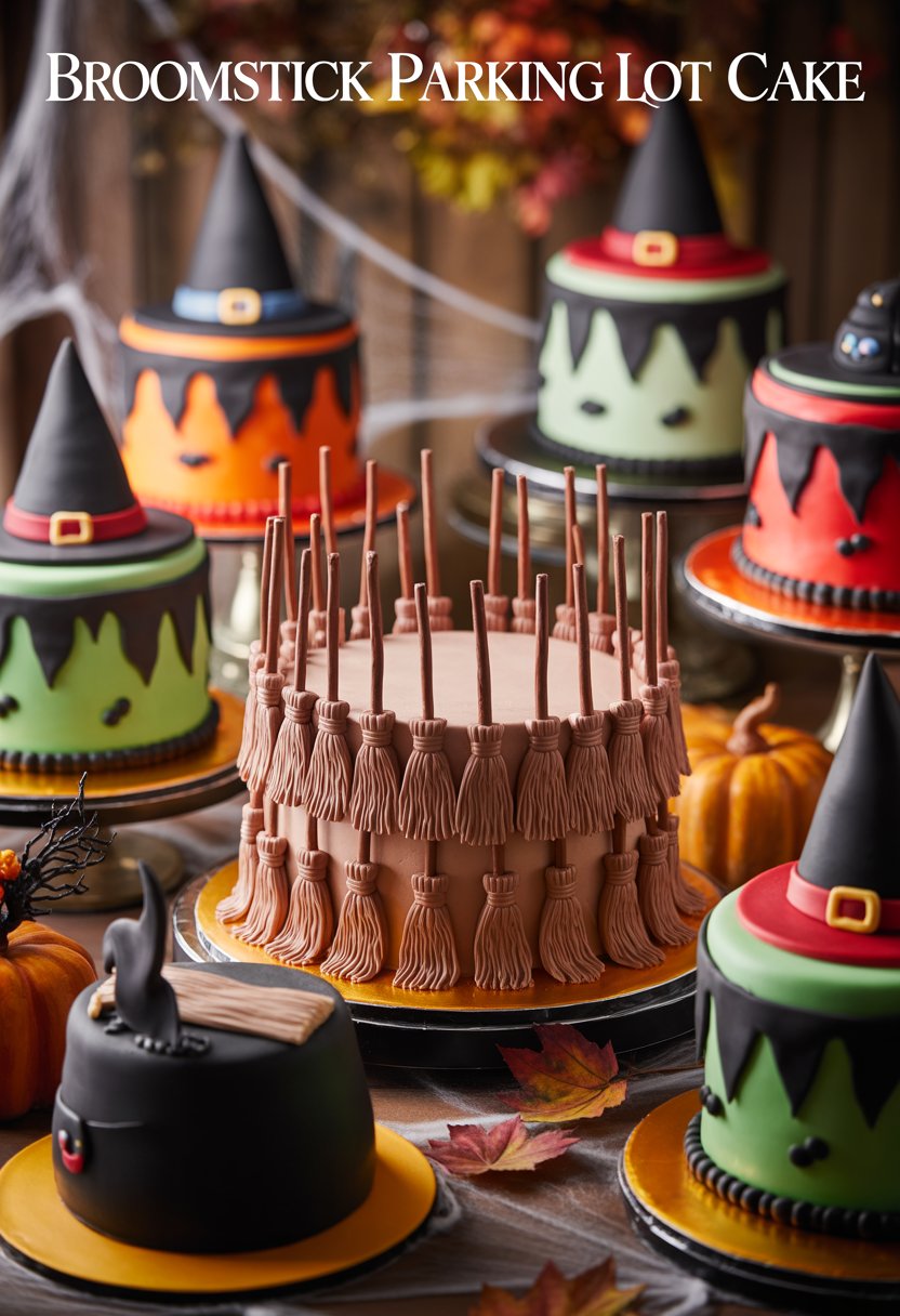 A display of Halloween-themed cakes featuring a cake decorated as a parking lot filled with edible broomsticks, surrounded by other witch-inspired cakes and autumn decorations.