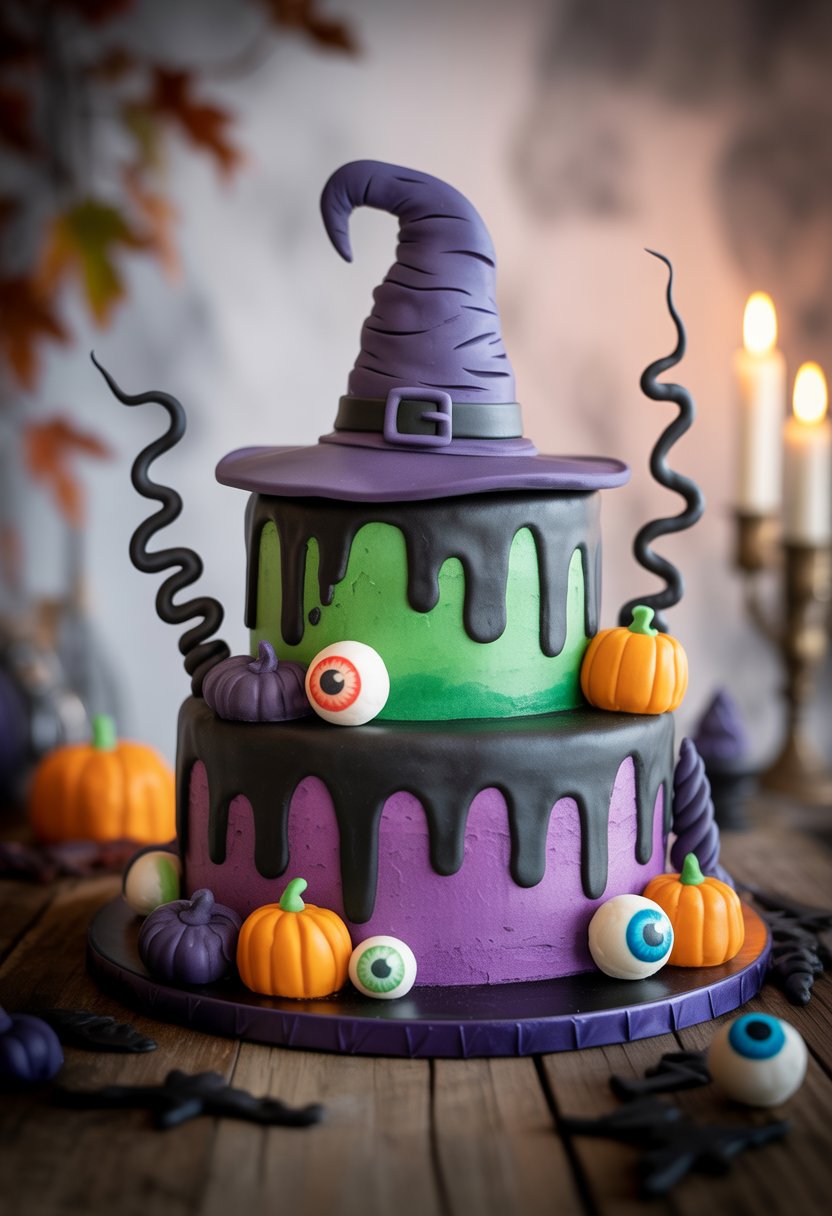 A multi-tiered Halloween cake decorated with a witch’s hat, edible pumpkins, candy eyeballs, and melting icing, displayed on a wooden table with autumn-themed decorations.