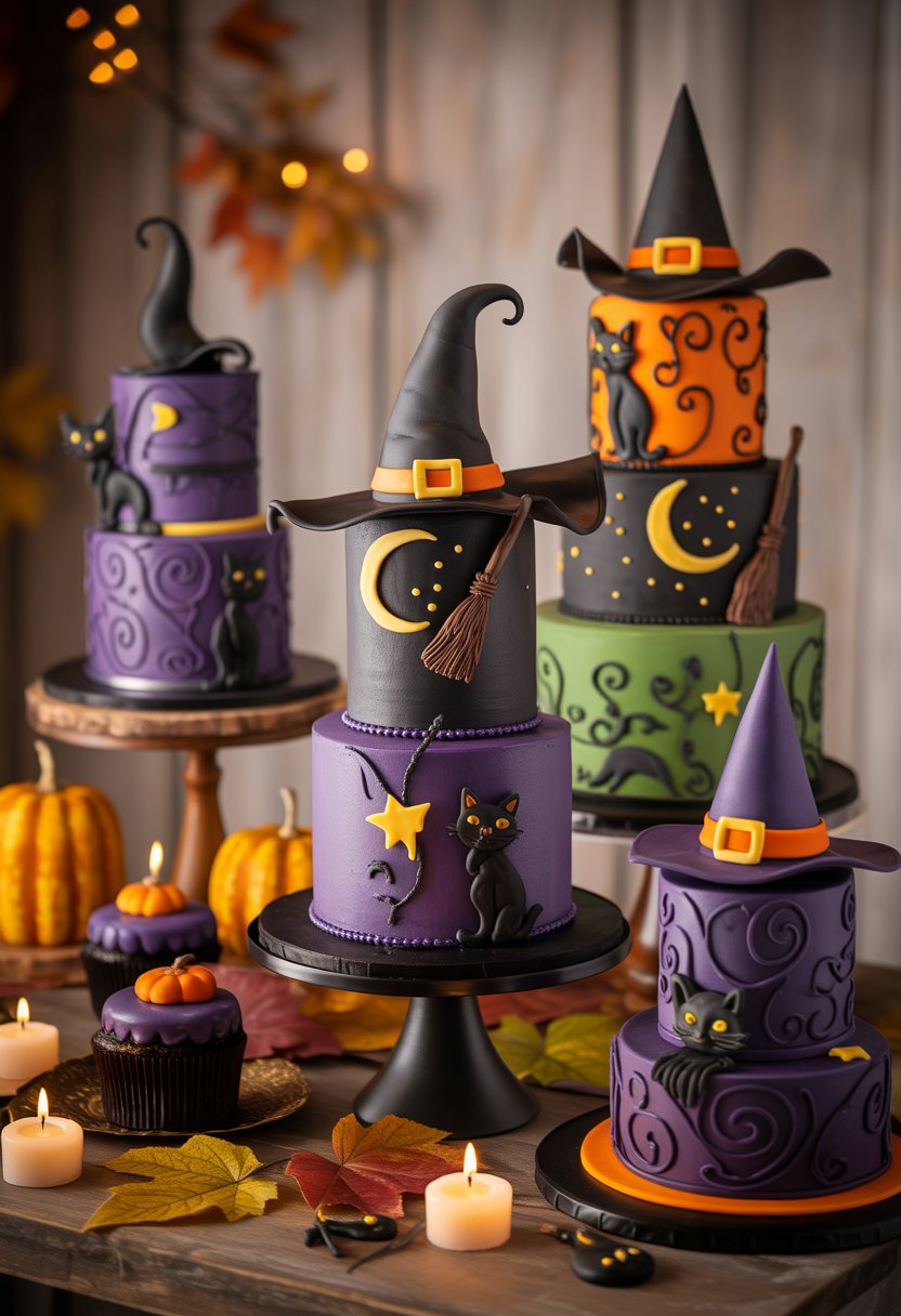 A display of several decorated Halloween cakes with witch-themed designs, including witch hats, broomsticks, and black cats, arranged on a wooden table with autumn decorations.
