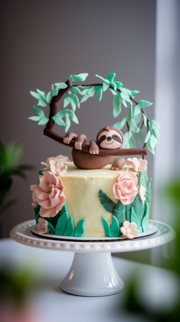 A sloth hanging onto a branch on top of a birthday cake.